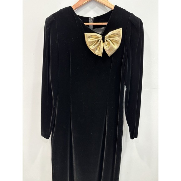 Halston III Black Velvet Dress Gold Bow Detail Size 6 Cocktail Formal Vintage - Picture 4 of 9